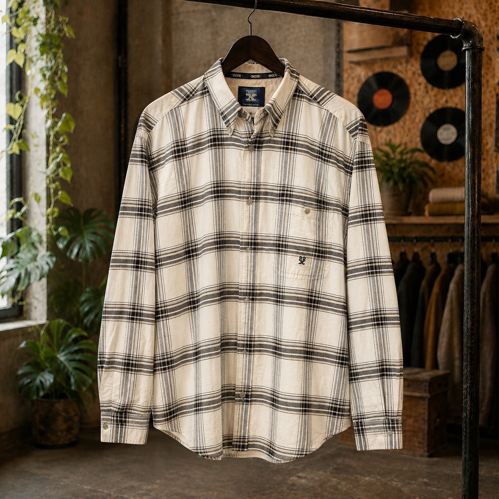 Wrangler 20X Plaid Button Down Shirt Mens XL Off White Black Long Sleeve